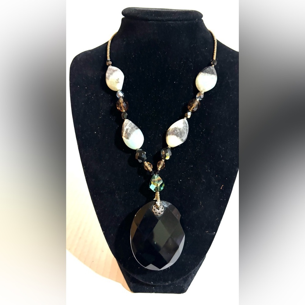 Faceted Black Glass with agate Pendant Necklace with Iridescent Accents
